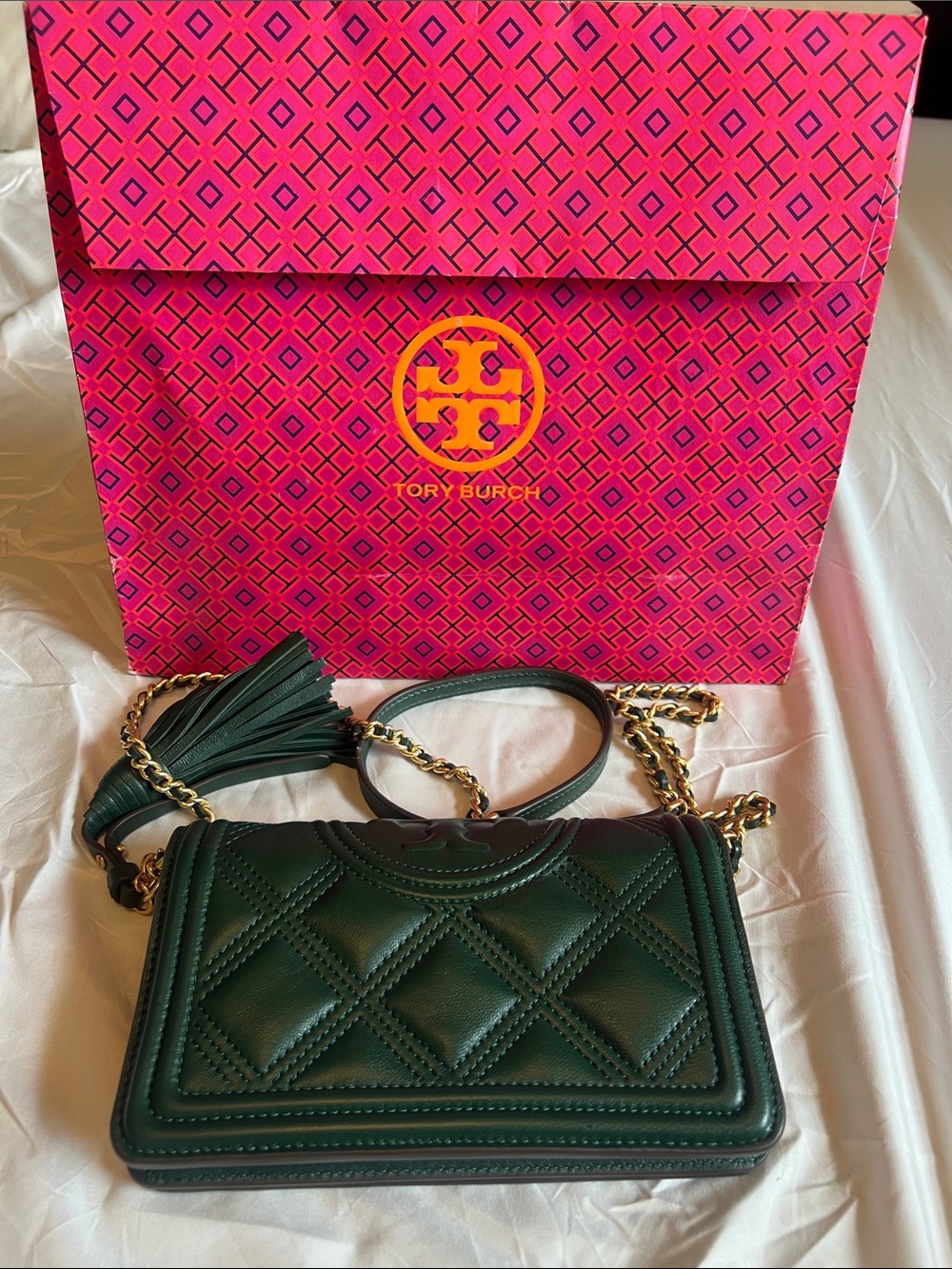 Tory Burch Dark Green Quilted Leather Crossbody with Tassel